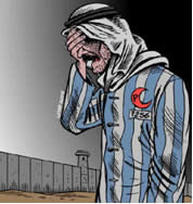 Imagen de un palestino como prisionero de los campos de exterminio (en lugar de la imagen del judío en los mismos). El caricaturista es el brasileño Carlos Latuff, que mantiene un blog de carácter antisemita. 