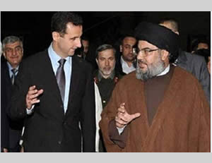 Bashar Assad y Hassan Nasrallah, al parecer una vieja foto tomada antes del levantamiento (página web del foro Hawamir, Arabia Saudita, 22 de julio de 2012)