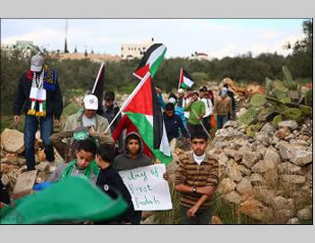 Drapeaux et symboles du Hamas dans une manifestation contre la barrière de sécurité à Bila'in (Agence de presse Wafa, 14 décembre 2012)