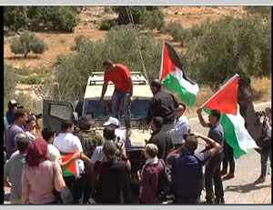 Popular committee activists confront IDF forces west of Ramallah. 