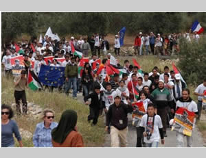 Foreign activists wave flags, including the blue EU flag, at an event held during the seventh Bil'in conference (Arabs48 website, April 11, 2012).