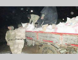 Sacks of APC explosives confiscated by the Egyptian security forces during a raid on a warehouse in Egyptian Rafah 