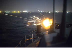 Israeli navy ship opposite the Gaza shore after destroying a rocket launcher used to fire rockets at Tel Aviv. 