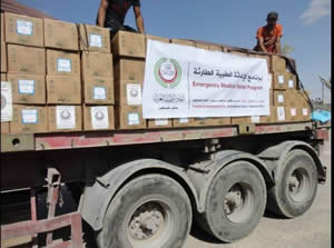 Delivering emergency aid from Egypt to the Gaza Strip through the Rafah crossing (Paltimes.net, July 15, 2014).