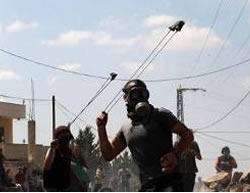 Stone throwers wearing gas masks at the weekly demonstration in Kfar Kadum next to Qalqilya (PALDF, September 12, 2014).