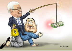 Cartoon from the Hamas-affiliated Felesteen. Mahmoud Abbas rides the back of a former Gazan government employee by waving money (October 2, 2014).