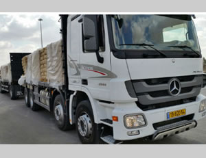 Camions chargés de matériaux de construction au terminal de Kerem Shalom (Coordinateur des activités du gouvernement dans les territoires, 14 octobre 2014)