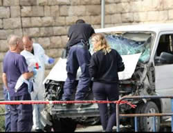 The car driven in the vehicular attack that killed a Border Police soldier and a 17 year-old boy, and wounded 12 people (Facebook page of the Israel Police Force, November 5, 2014).