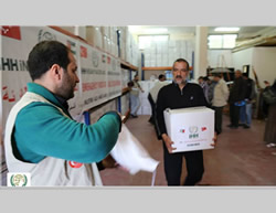 Distribución de paquetes de alimentos en la Franja de Gaza, realizada por activistas de la organización turca IHH (página facebook de la organización IHH en Gaza, 15 de marzo de 2015)