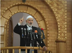 Senior Hamas figure Ismail Haniya delivers the Friday sermon in a mosque in Rafah, calling for closer relations with Saudi Arabia 