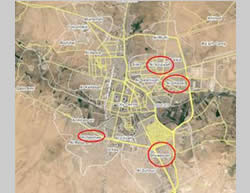 Neighborhoods in Al-Hasakah where ISIS is reportedly present: Ghuwayran in the south, Al-Nashwah in the southwest, Al-Aziziyah in the northeast and Al-Ghazal in the east (Wikimapia)