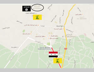 Map of the areas under the control of the forces of the Syrian regime and Hezbollah vs. ISIS operatives in the north of the city of Al-Zabadani, according to Hezbollah 