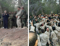 Qasem Soleimani (left, holding microphone) talks to Hezbollah operatives, probably in the region of Latakia, Syria (Facebook, October 13, 2015).