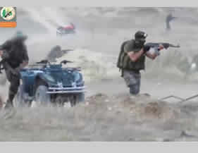 Scene from the video issued by Hamas' Nukhba unit showing operatives in training to storm and occupy the Zikim and Yiftah IDF camps south of Ashqelon, near the security fence along the Gaza Strip border 