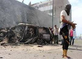 Wreckage of the car bomb activated against the governor of Aden