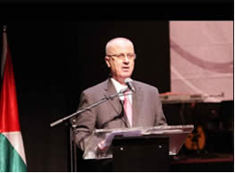 Rami Hamdallah, prime minister of the Palestinian national consensus government, gives a speech in Ramallah on the occasion of Palestinian 