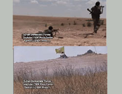 Images from a video produced by the SDF documenting clashes with ISIS operatives in the rural area north of Al-Raqqah. The voice of a man speaking Kurdish can be heard on the video. He is speaking on a two-way radio adjacent to the photographer (SDF Facebook page, May 29, 2016).