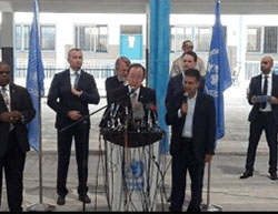 UN Secretary General Ban Ki-moon holding a press conference in the Gaza Strip (Facebook page of Paldf, June 28, 2016).