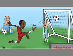 Hamas cartoon: Obama scores a goal against Israel. The apathetic figure at the left is Egyptian President el-Sisi (al-Risalah, December 27, 2016).