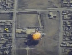 Photos from a video showing a Russian attack against an ISIS headquarters in Al-Raqqah  (the Russian Defense Ministry, February 18, 2017)