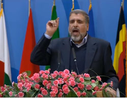 PIJ leader Ramadan Shalah delivers a speech at the conference (YouTube, February 21, 2017)