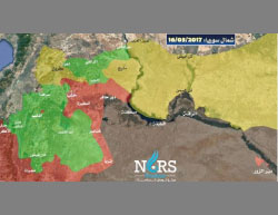 Map of the areas of control in the area of Al-Raqqah and Manbij (marked with red circles), updated to March 16, 2017: In brown, the area controlled by ISIS; In yellow, SDF; In red, the Syrian Army; In green, the Free Syrian Army (under the protection of Turkey) (NORS Center for Strategic Studies, March 16, 2017).