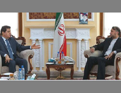 The advisor to the speaker of the Majlis (right) meets with the Syrian ambassador to Tehran (Press TV, July 8, 2017).