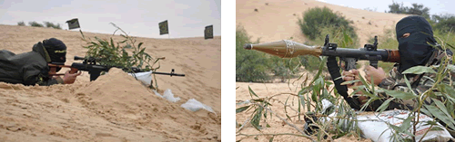 Left: PIJ operative practices shooting RPGs. Right: Palestinian Islamic Jihad Jerusalem Battalions sniper at practice (Pictures from the PIJ's Jerusalem Battalions website, February 11, 2011). 