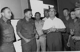 Prime Minister Levi Eshkol visits an intelligence unit in 1963.