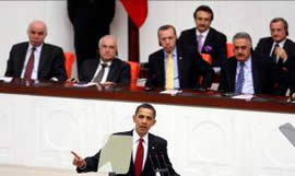 President Obama speaking before the Turkish parliament