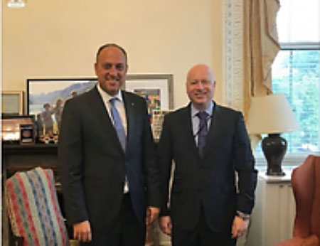 Husam Zomlot, PA representative in the United States, meets in Washington with Jason Greenblatt (Facebook page of Husam Zomlot, August 15, 2017).