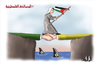 Eine Karikatur, die von der der Hamas veröffentlicht wurde, wonach Israel das Scheitern des internen palästinensischen Versöhnungsabkommens erwartet habe. Arabisch: "Palästinensische Versöhnung" 