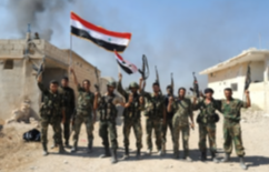 Syrian army soldiers waving Syrian flags in one of the villages (apparently, Al-Shahatiya) taken over from the Headquarters for the Liberation of Al-Sham (NBN, October 25, 2017). 