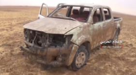 Vehicle of the Headquarters for the Liberation of Al-Sham which was hit by Syrian army fire (Twitter account of Hezbollah’s Military Spokesman’s Office, October 29, 2017)