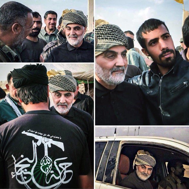 Qasem Soleimani with fighters in the Iraqi al-Nujabaa’ militia in Albu Kamal (ISNA, November 16 2017).