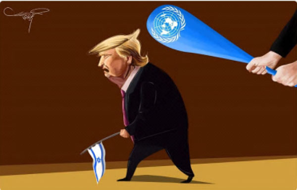 Caricatures publiées dans les médias palestiniens après le vote de l'ONU (Compte Twitter Palinfo, 22 et 23 décembre 2017)