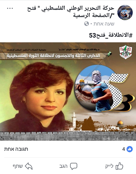 כרזה שפרסמה תנועת פתח לציון יום השנה ה-53 להקמתה (דף הפייסבוק של פתח 30 בדצמבר 2017).