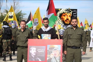 Pictures of Yasser Arafat (right), and George Habash (left) the founder of the notorious terrorist organization, Popular Front for the Liberation of Palestine. The Arabic reads, "No peace and no coexistence with Zionism" (Facebook page of the Fatah student movement at Bir Zeit University, January 3, 2018).