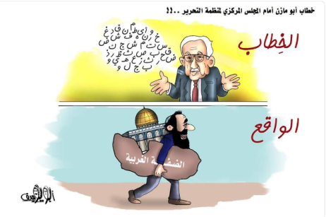 "Die Rede und die Realität vor Ort": Eine Karikatur der Hamas nach der Rede von Mahmud Abbas. Gemäß der Karikatur sei die Rede eine Sammlung von bedeutungslosen Wörtern im Vergleich zu der Situation vor Ort, bei der Israel in Jerusalem sowie in Judäa und Samaria alles tut, wie es ihm gefällt (Twitter-Account von PALINFO, 1. Januar 5, 2018)