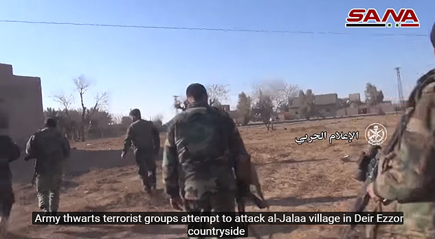 Syrian army soldiers searching for ISIS operatives in the village of Al-Jalaa, north of Albukamal. Those operatives came from the desert and tried to take control of the village, but failed (SANA's YouTube channel, January 28, 2018).