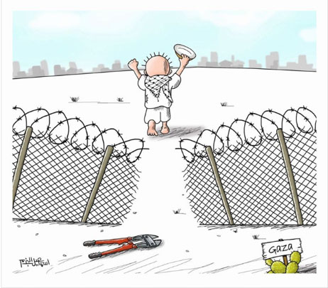 Cartoonist by Gazan Isma'il al-Bazam calling on Palestinians to break through the border security fence (Facebook page of Isma'il al-Bazam, January 29, 2018). The figure seen from behind is Handala, a symbol of the Palestinian refugees.