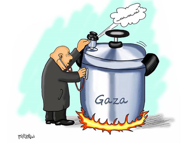 Cartoon by Isma'il al-Bazam: the Gaza Strip as a pressure cooker (Facebook page of Isma'il al-Bazam, February 9, 2018)