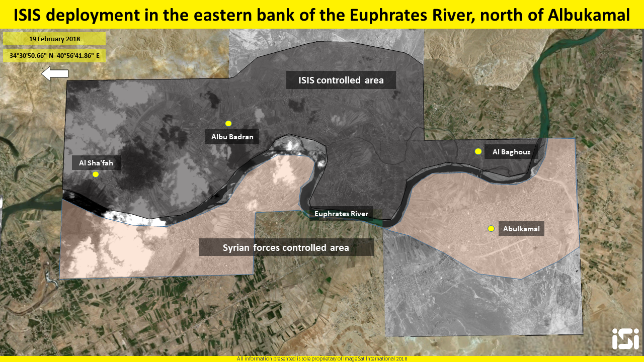 Zone de contrôle de l'Etat islamique sur la rive Est de l'Euphrate au Nord d'Abu Kamal. Il s'agit aujourd'hui du domaine opérationnel le plus actif de l'Etat islamique depuis sa chute (ImageSat International -ISI)