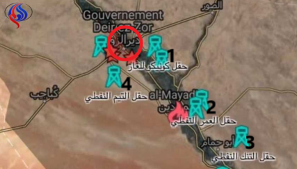 The main oil wells in the Deir ez-Zor region: 1 – Conoco gas field; 2 – Al-Omar oil field; 3 – Al-Tanak oil field; 4 – Al-Tim oil field (Al-Alam, Iran, August 13, 2017)