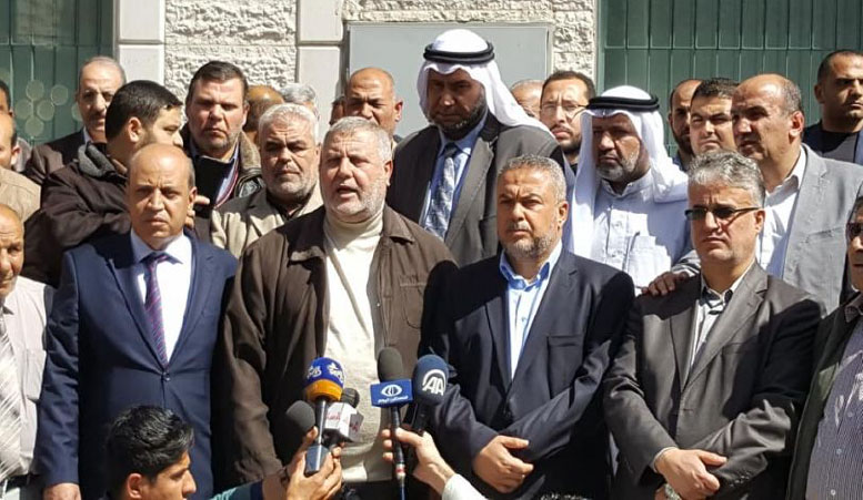 The press conference. Second from the left is Imad al-Agha, senior Fatah figure; next to him is PIJ activist Khaled al-Batash; at the far right is Hamas activist Isma'il Radwan (Quds Press, March 7, 2018).