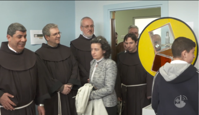 Ceremony inaugurating the first stage of the restoration of the Terra Santa School in east Jerusalem, with the participation of Christian clerics led by the director of the school, Father Ibrahim Faltas (far left) (Facebook page of the Terra Santa School, February 27, 2018).