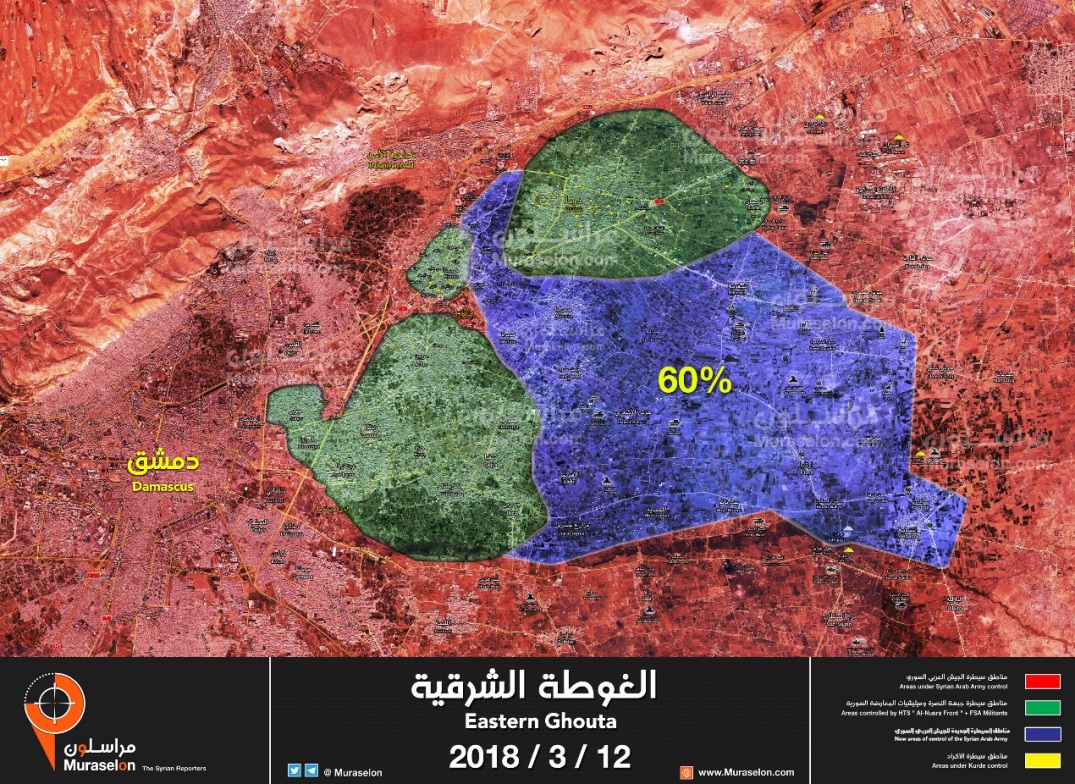 Déploiement des forces dans la Ghouta orientale (exact au 12 mars 2018) : l'armée syrienne et les forces qui la supportent sont marquées en rouge ; les zones qu'elles ont récemment occupées sont marquées en bleu ; les enclaves rebelles sont marquées en vert (Murassiloun, 13 mars 2018)