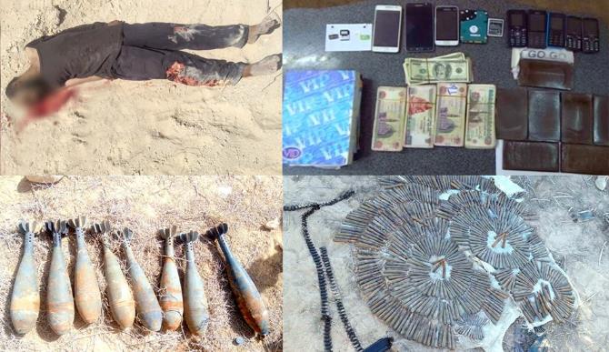 Top right, clockwise: Cash, cellphones, and marijuana found in the possession of an ISIS operative who was killed in northern Sinai, light arms ammunition, eight mortar shells, and the body of a “terrorist operative” (Spokesman for the Egyptian Armed Forces, April 8, 2018)