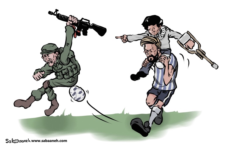 Cartoon appearing in the daily al-Hayat al-Jadeeda represents the Palestinian "achievement" after the cancellation of the Israel-Argentina friendship match (al-Hayat al-Jadeeda, June 10, 2018).