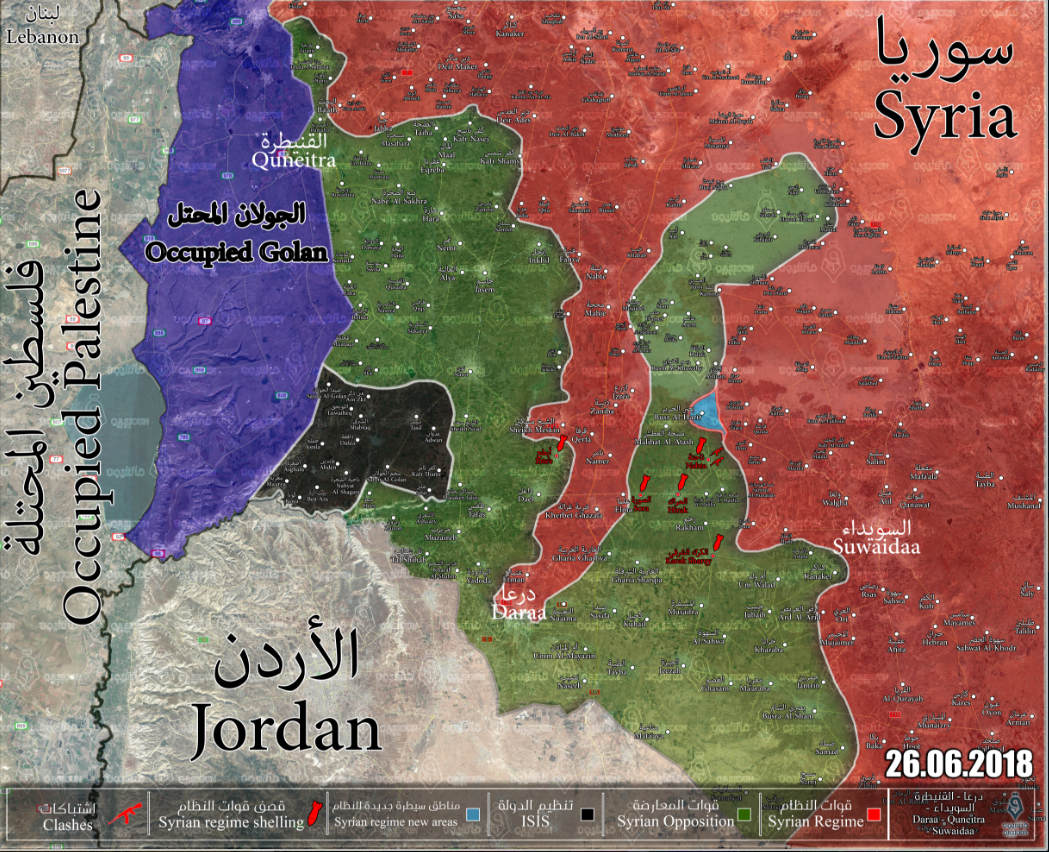 Deployment of the forces in the Daraa area, according to a website affiliated with the rebel organizations (updated to June 26, 2018). Areas controlled by the rebel organizations are marked in green; areas controlled by the Syrian army are marked in red; the Basr al-Harir area is marked in light blue; and the area controlled by ISIS is marked in black (Qasiyoun, June 26, 2018)